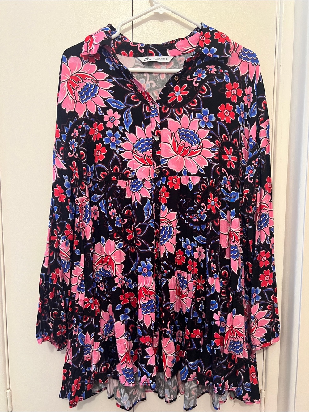 ZARA long sleeved Babydoll dress with Pink & Blue Floral Print